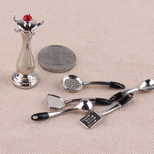 Dollhouse miniature metal cooking utensil miniature cookware with stand,Cooking Utensil Kitchen Tool Silver Set for Dollhouse Miniatures