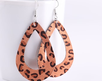 Leather Leaf Shaped Earrings: Leopard Print Leather Leaf Earrings, Dangle drop earrings, Lightweight earrings,Tear drop Earring