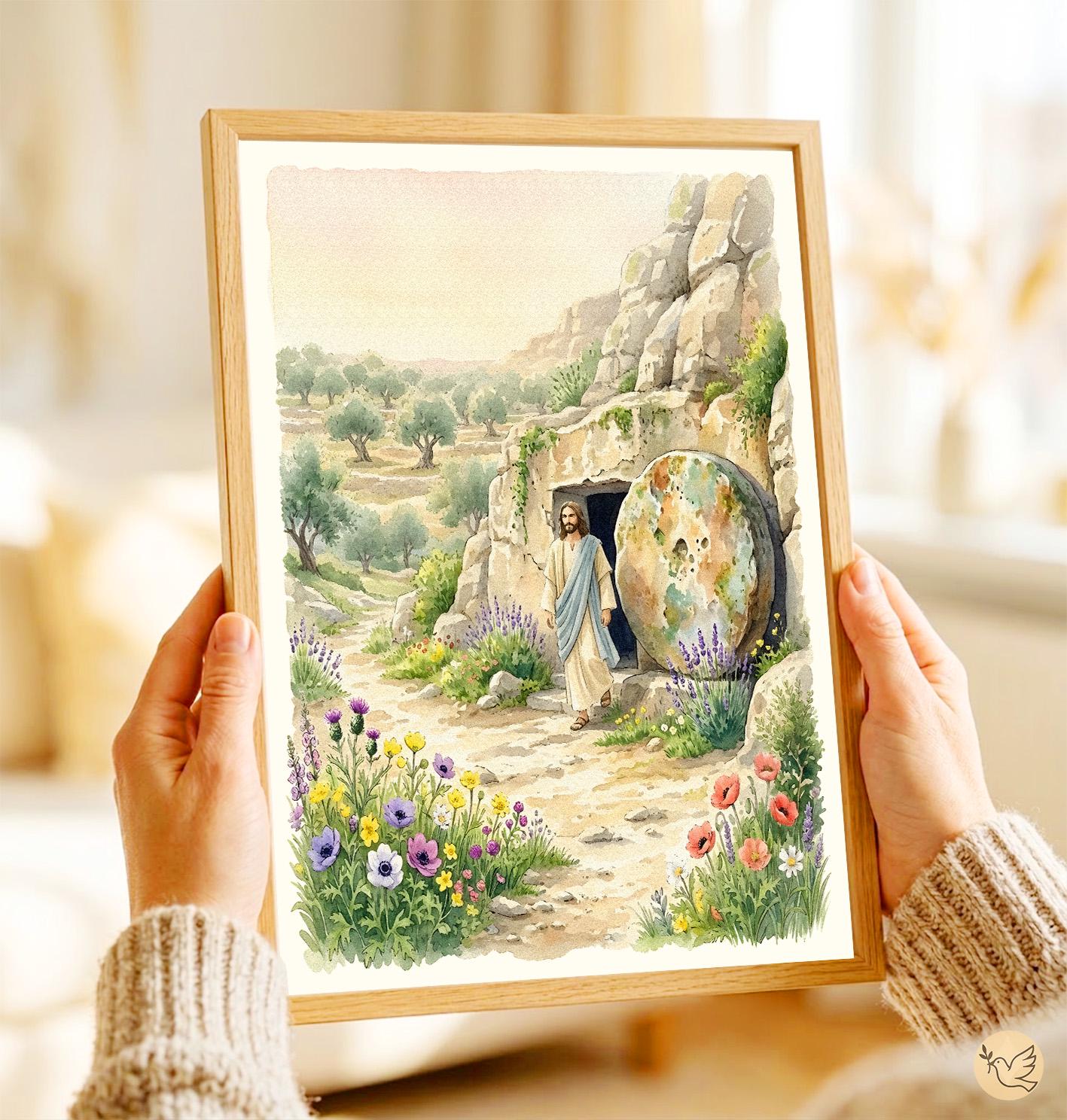 The Risen Christ Watercolor Art, Christian Easter Wall Decor, Empty ...