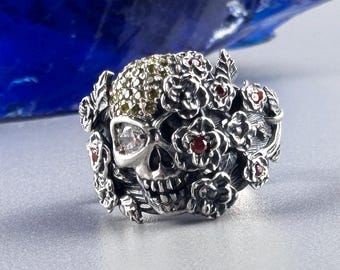 Skull Flower Ring - Adjustable Silver Ring with White Gemstones and Floral Skull Design