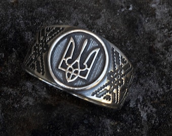 Ukrainian Oxidized Silver Tryzub Ring Ornament Trident Sword Patriotic Jewelry