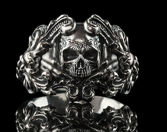 Zilveren doodskopring voor motorrijders, herenring, punkrocker sieraden