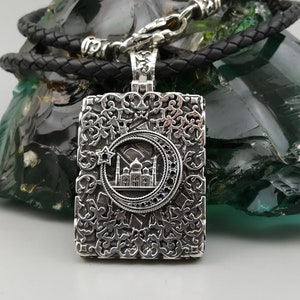 Crescent and Star Necklace - Leather Necklace with Silver Pendant, Islamic Jewelry
