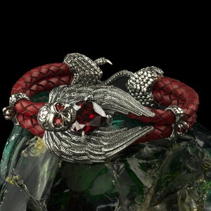 Gothic Silver Skull Bracelet with Red Leather & Wings - Edgy Jewelry for Women, Bikers, and Rock Enthusiasts