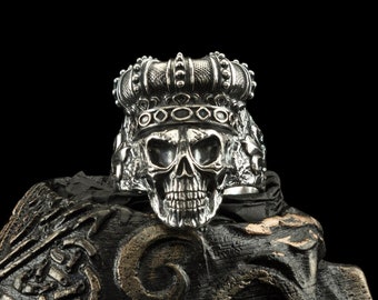 Anillo de calavera de corona de rey, anillo de calavera de plata de ley 925, anillo de calavera pesada, anillo de motociclista enorme, regalo de calavera para él