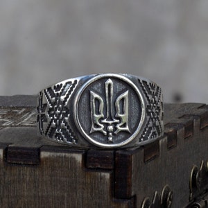 Ukrainian Tryzub Silver Ring with Ornament Design and Patriotic Sword Trident