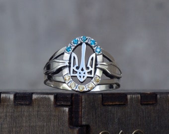 Ukrainian Tryzub Trident Ring in Silver with Blue and Yellow Symbol