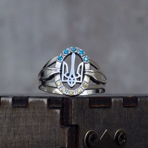 Ukrainian Tryzub Trident Ring in Silver with Blue and Yellow Symbol