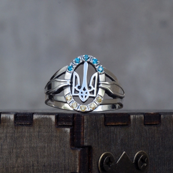 Women's Ukrainian ring Trident  Silver ring with Tryzub Trident ring Blue and yellow ring  Silver ring Trizub Ukraine symbol