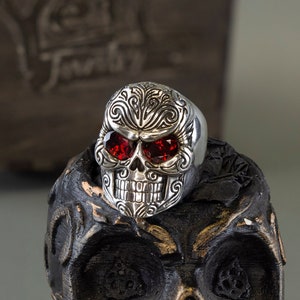 Large Silver Sugar Skull Biker Ring with Red Gemstone Eyes Jewelry Gift for Him
