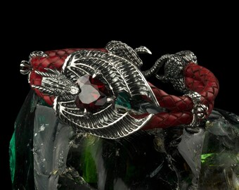 Pulsera de dragón de cuero rojo con plata y granate para mujer - Joyería gótica de fantasía
