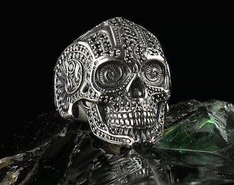 Men's 925 Sterling Silver Gothic Biker Jewelry with Mexican Biomechanical Skull