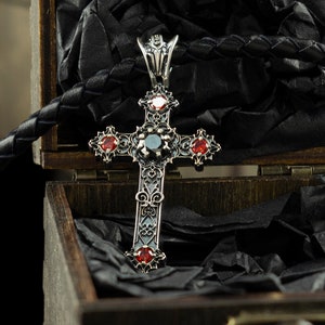 Gothic Silver Cross Pendant with Black Leather Cord Necklace