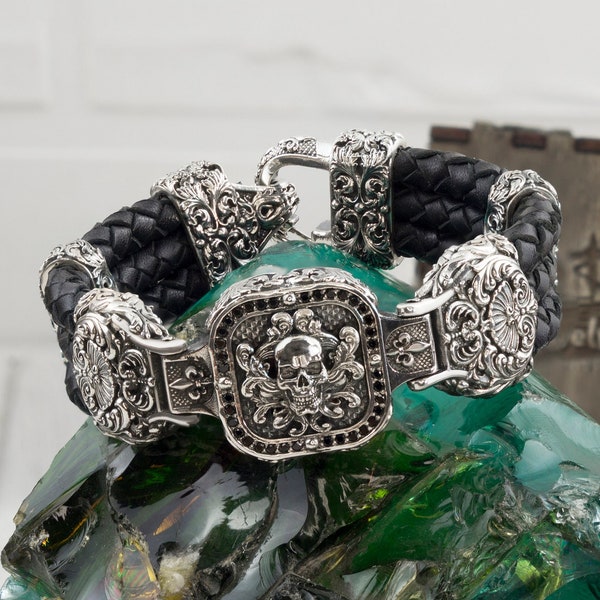 Skull bracelet Silver skull bracelet Biker jewelry Victorian style skull bracelet
