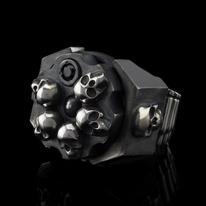 Silver Revolver Cylinder Skull Ring for Bikers with Unique Design
