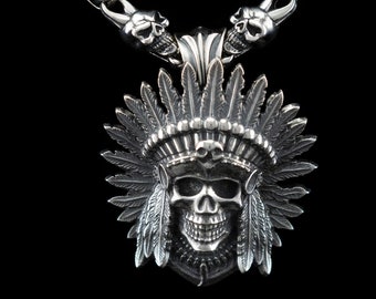 American Indian Chief Skull Sterling Silver Pendant Biker Jewelry