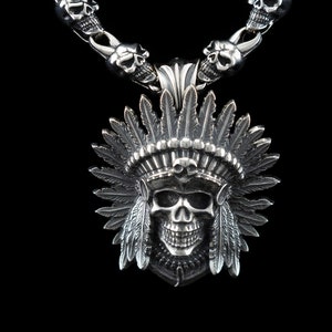 American Indian Chief Skull Sterling Silver Pendant Biker Jewelry