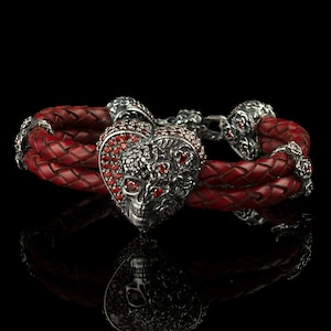Gothic Silver Skull Bracelet for Women - Red Leather Cuff - Biker Punk Rock Jewelry Accessory
