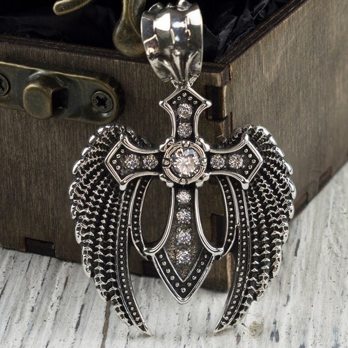 Heavy cross Silver cross pendant Biker jewelry Angel shops cross Gemstones cross