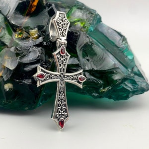 Gothic Victorian Red Garnet Cross Pendant in 925 Sterling Silver