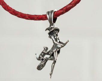 Silver Witch on Broomstick Pendant with Cat - Gothic Halloween Jewelry Gift