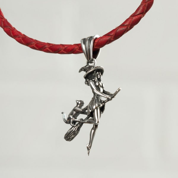 Silver Witch on Broomstick Pendant with Cat - Gothic Halloween Jewelry Gift
