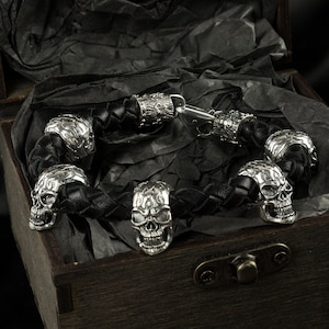 Edgy Black Leather Bracelet with Silver Skull Charms - Biker Jewelry Gift for Men