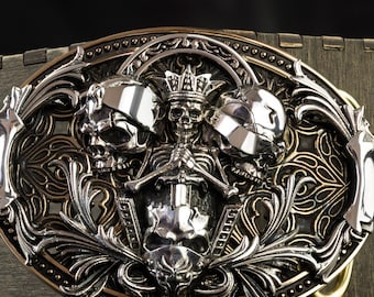 Solid Silver and Jewelry Brass Skull Belt Buckle with See No Evil Hear No Evil Speak No Evil Design