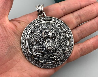 Giant Sterling Silver Grizzly Bear Medallion Pendant for Men
