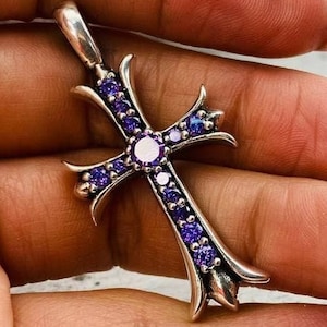 Gothic Silver Cross Pendant with Gemstones - Sterling Biker Jewelry Gift