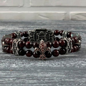Victorian Fleur de Lis Garnet Bracelet - Elegant Red Gemstone Beaded Jewelry for Women