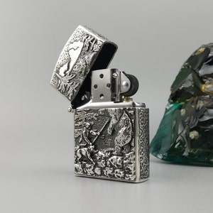 Handcrafted Sterling Silver Bear Hunter Zippo Lighter - Luxury Outdoorsman Gift & Collectible Accessory