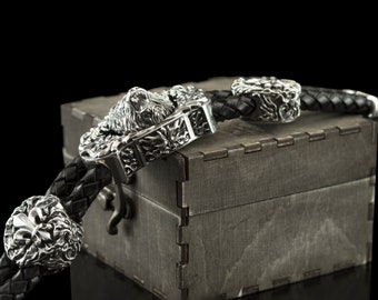 ITALY MADE SILVER925 LEON BRACELET/シルバー Silver Lion Bracelet With Leather Cord, Heavy Biker Men's