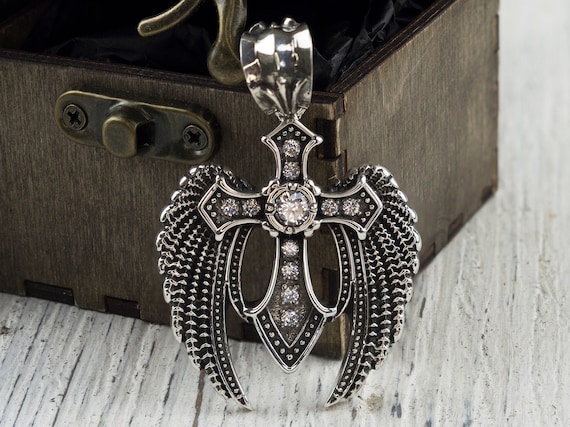 Heavy Cross Silver Cross Pendant Biker Jewelry Angel Cross Gemstones Cross Etsy