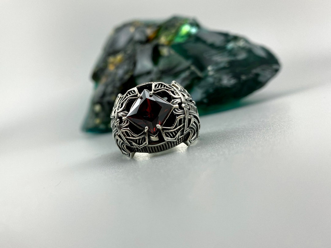Men's Red Ring Sterling Silver 925 Square Red Stone Ring Heavy Jewelry Medieval Ring Etsy