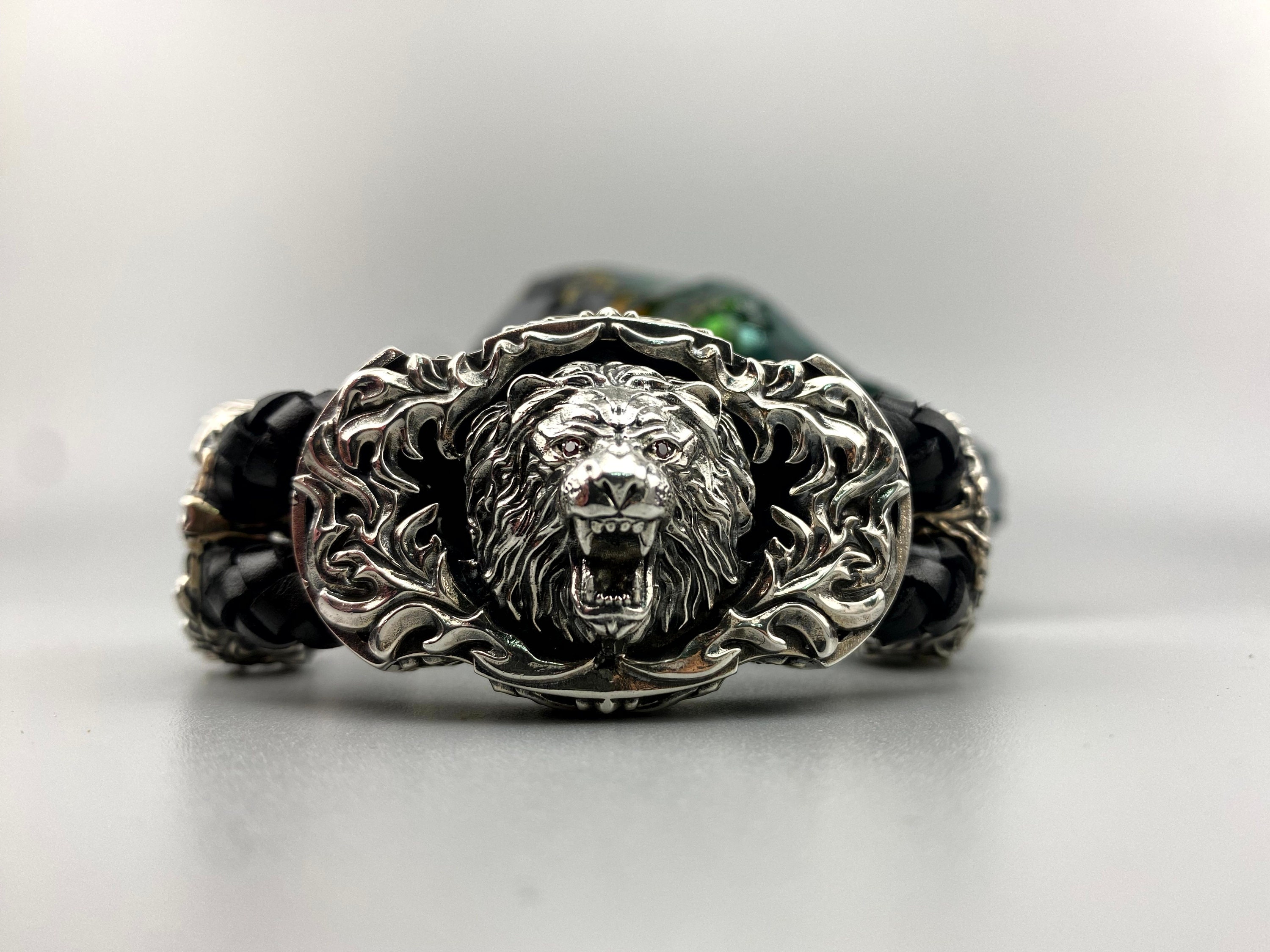 ITALY MADE SILVER925 LEON BRACELET/シルバー Silver Lion Bracelet With Leather Cord, Heavy Biker Men's