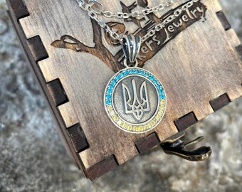 Ukrainian Tryzub Gem Pendant, Symbolic Trident Necklace, Silver Jewelry Gift