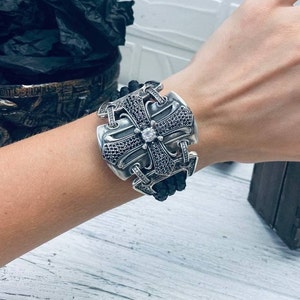 Sterling Silver Gothic Gemstones Bracelet With Medieval Cross Design