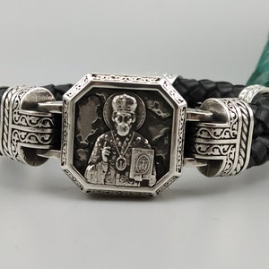 Christian Sterling Silver Bracelet Saint Nicholas of Bari Orthodox Jewelry
