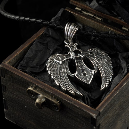 Heavy cross Silver cross pendant Biker jewelry Angel cross shops Gemstones cross black