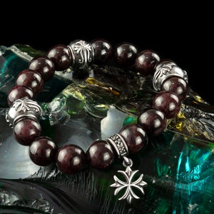 Unique Medieval Silver Bracelet with Garnet and Cross Design