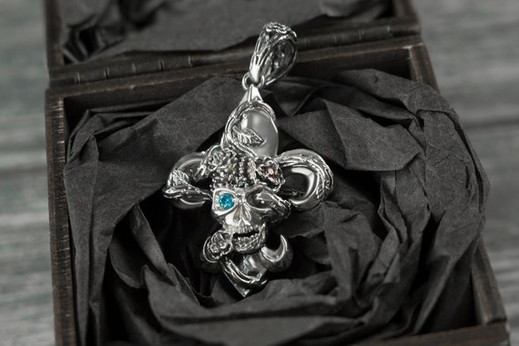 Gothic Fleur De Lis Skull Pendant: Silver Gemstone Necklace  Ornate Silver Fleur de lis Pendant - Antique Style main image 0