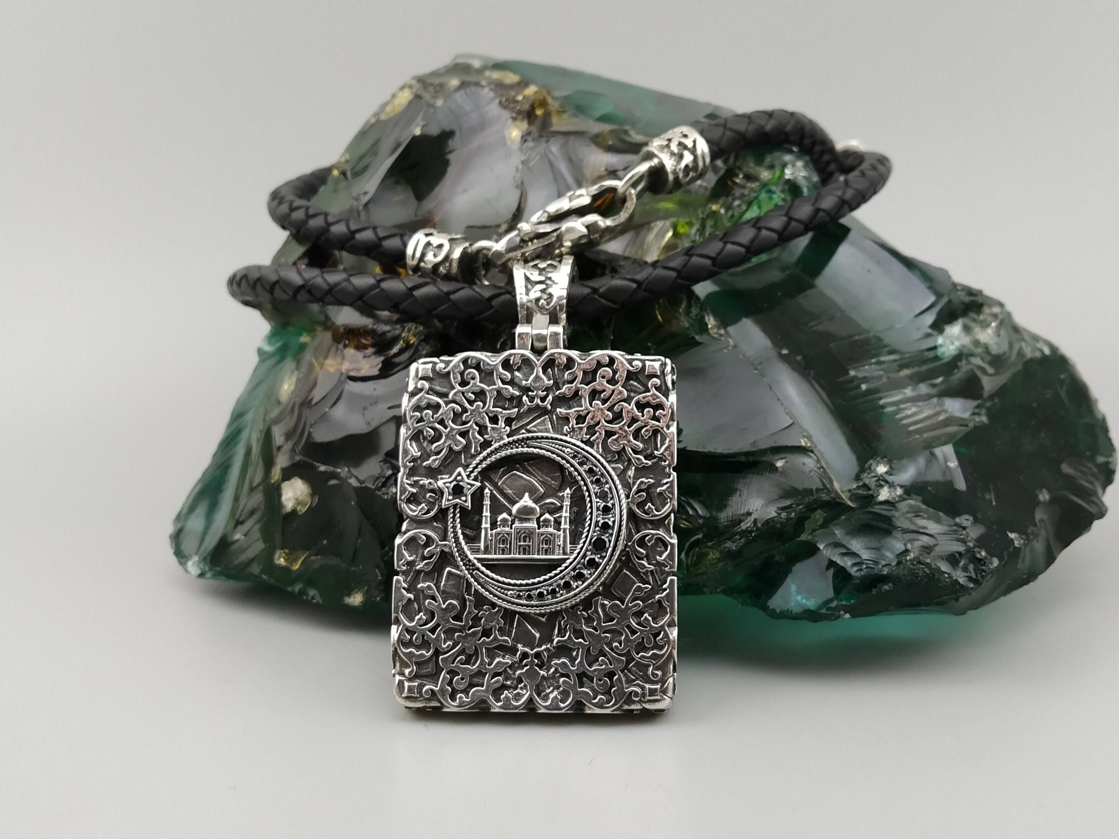 Crescent and Star Necklace - Leather Necklace with Silver Pendant, Islamic Jewelry