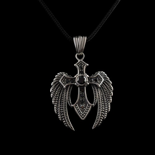 Heavy cross Silver cross pendant Biker jewelry Angel cross shops Gemstones cross black