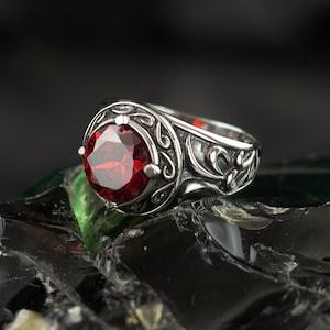 Garnet Silver Heavy Jewelry for Men - Biker Gothic Brutalist Ring
