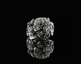 Skull Flower Ring - Adjustable Silver Ring with White Gemstones and Floral Skull Design
