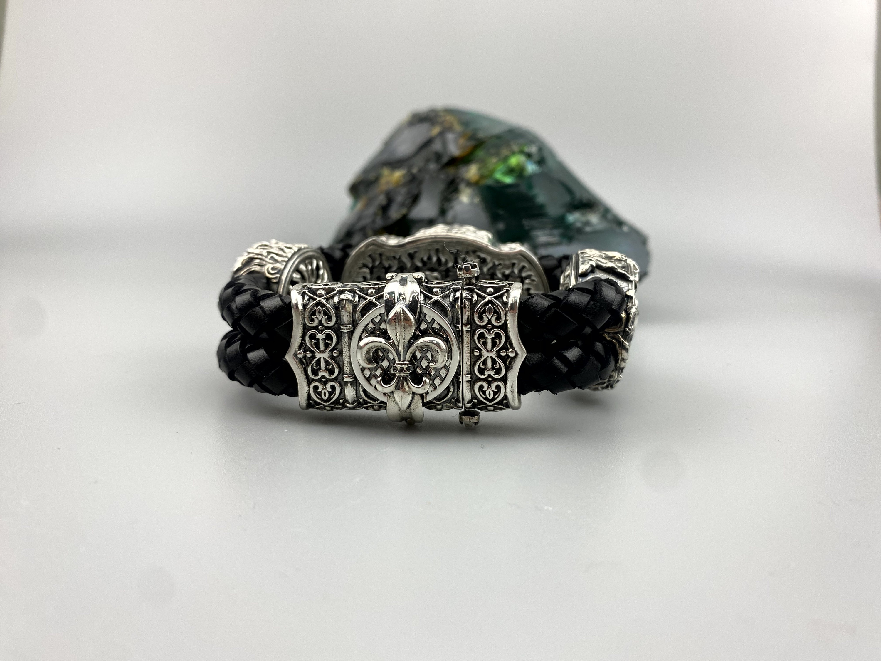Silver Lion Bracelet With Leather Cord, Heavy Biker Men's