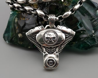 Large Motorcycle Skull Pendant V-twin Engine Silver Jewelry for