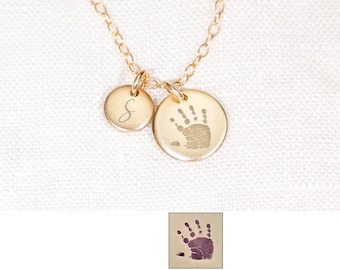 Baby Handprint Necklace with Initial Disc: Custom Engraved Jewelry, Footprints