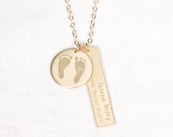 Actual Footprint with Custom Birth date Bar Necklace • Baby Footprint Necklace • Engraved Footprint, Handprint Necklace • Personalized Bar